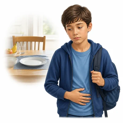 A girl feels hungry after skipping breakfast.