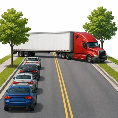 A truck blocks the road while cars line up behind it.