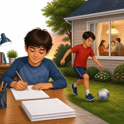 A child finishes homework early and then plays outside.