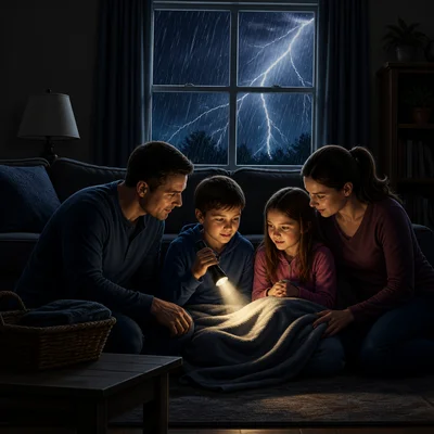 A dark house during a storm with lightning outside.
