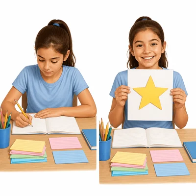 A boy studies and later smiles while holding a successful test paper.