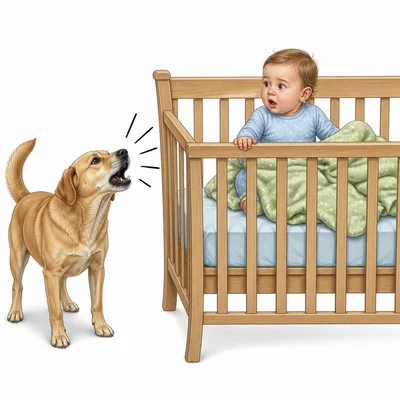 A barking dog wakes a baby in a crib.