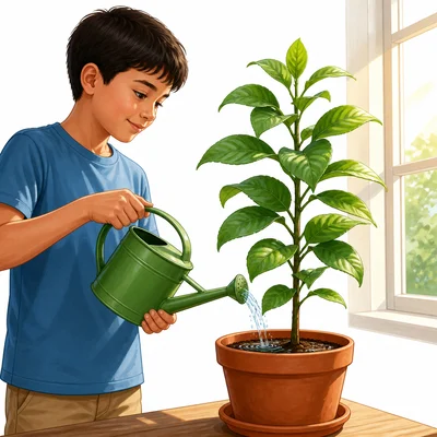 A child waters a tall healthy plant.