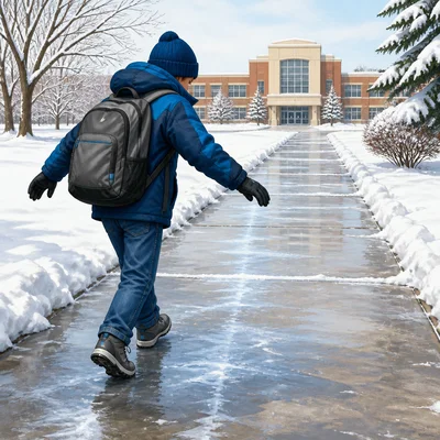 A boy walks slowly on an icy sidewalk to school.