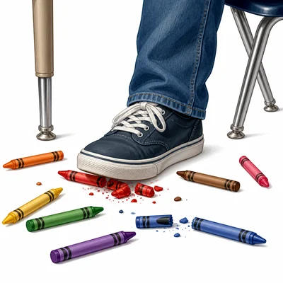 A shoe steps on crayons left on a classroom floor, breaking them.