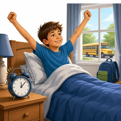 A child wakes up on time because an alarm clock is ringing.