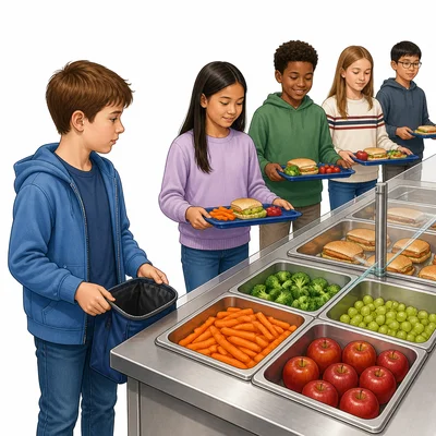 A student buys cafeteria food after not packing a lunch.