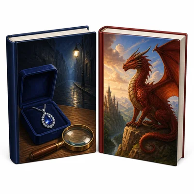 Two books, one with a necklace mystery image and one with a dragon fantasy image.