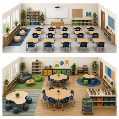 Two classrooms with different desk arrangements and learning areas.