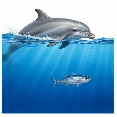 A dolphin near the ocean surface and a fish underwater.