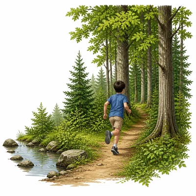 A child running into the woods beside a quiet forest scene.