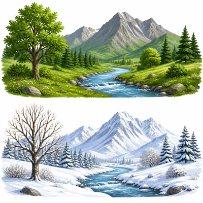 The same landscape shown in summer and winter.