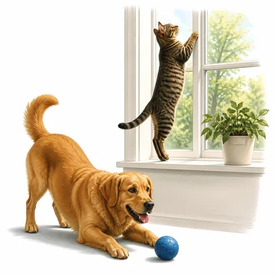 A dog with a ball and a cat climbing near a sunny window.