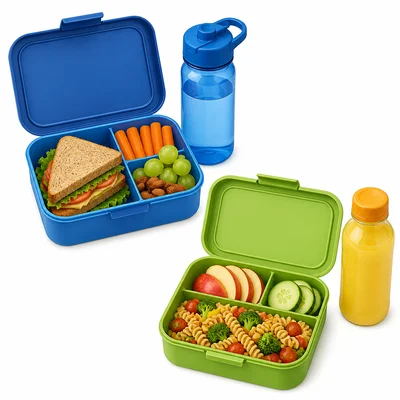 Two lunch boxes with different foods and drinks.