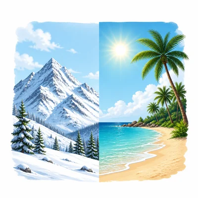A snowy mountain scene beside a sunny beach scene.