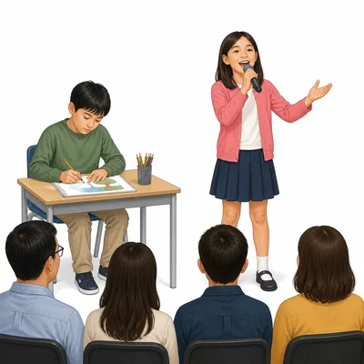 One child draws quietly while another child sings in front of people.