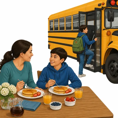 A relaxed pancake breakfast beside a child boarding a school bus.