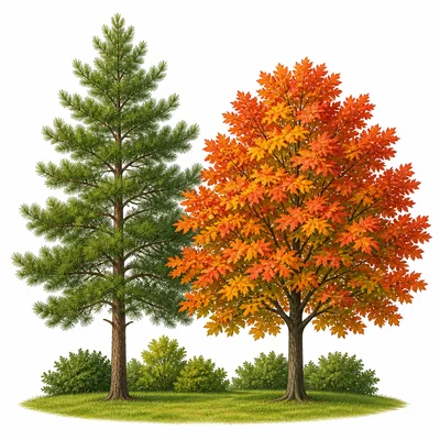 A pine tree and a maple tree growing in a park.