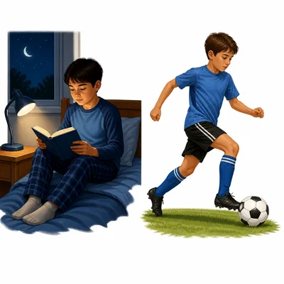 A child reading at night beside a child playing soccer after school.