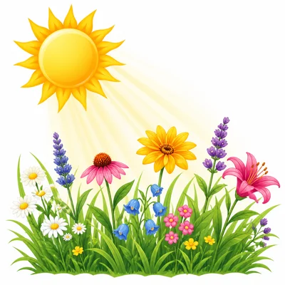 A bright sun shining light onto grass and flowers.