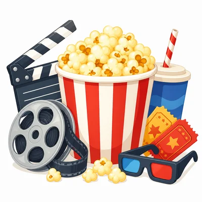 A bucket of popcorn with movie items.