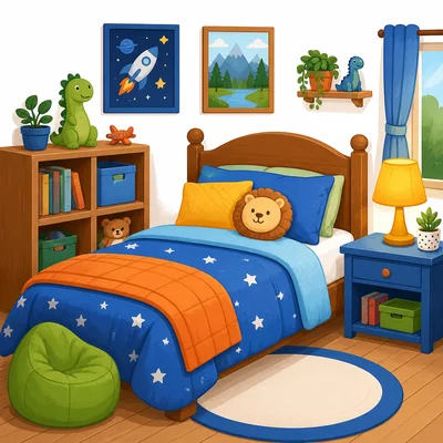 A cozy child’s bedroom with a bed and lamp.