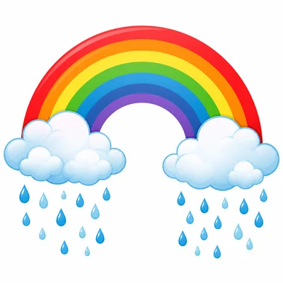 A colorful rainbow with clouds and raindrops.