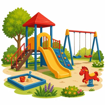 A colorful playground with a slide and swings.