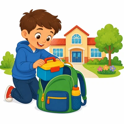 A child packs a lunchbox into a backpack near a school.
