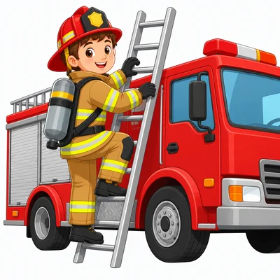 A firefighter climbs a ladder beside a fire truck.