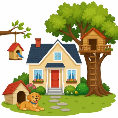 A house, birdhouse, doghouse, and treehouse.