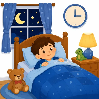 A child in bed at night with a moon outside.