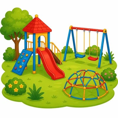 A colorful playground with a slide and swings.