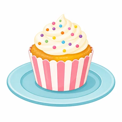A frosted cupcake in a paper wrapper.