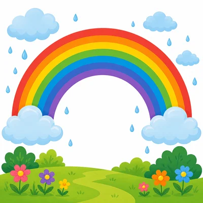 A colorful rainbow with clouds and raindrops.