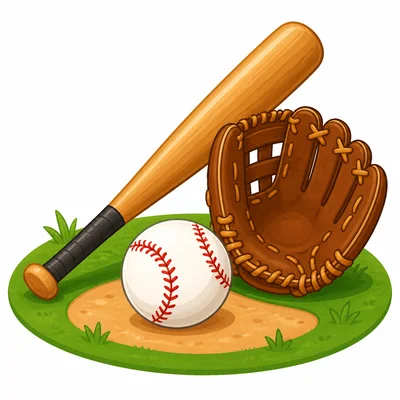 A baseball, bat, and glove on a field.