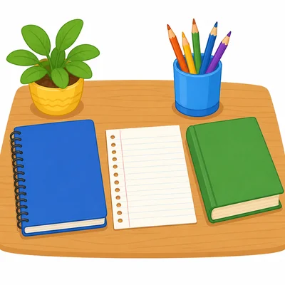 A blank notebook beside a note paper and book.