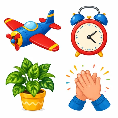 A plane, a clock, a plant, and clapping hands.