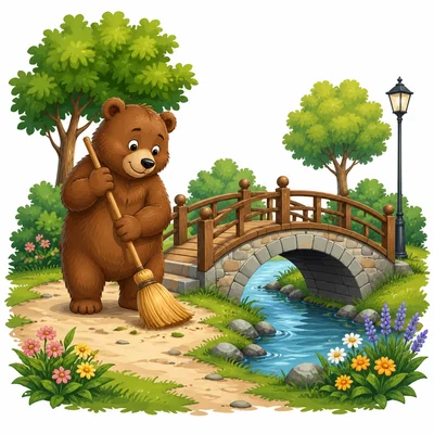 A brown bear with a broom near a bridge.