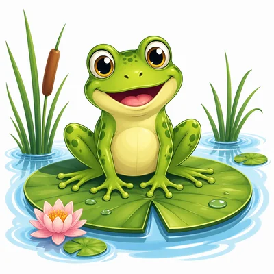 A green frog sitting on a lily pad.