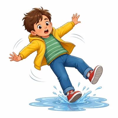A child slipping on a puddle.