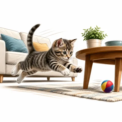 An energetic kitten runs, leaps, and chases a toy in a room.