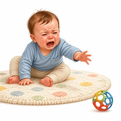 A baby cries loudly after a toy rolls away.