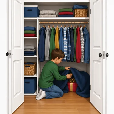 A child hides a wrapped gift under a blanket in a closet.
