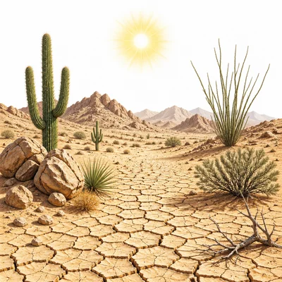 A dry desert with cracked ground, sand, cacti, and bright sun.