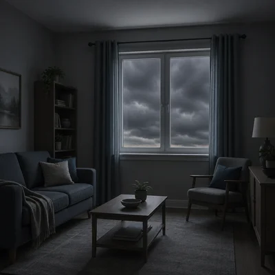 A dim room with dark clouds blocking sunlight through the window.