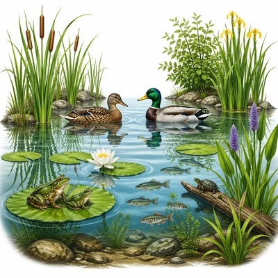 A pond habitat with frogs, ducks, fish, reeds, and lily pads.