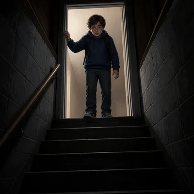 A frightened student hesitates at the top of a dark basement staircase.