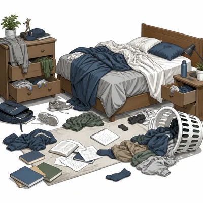 A bedroom with clothes, papers, and objects scattered around.