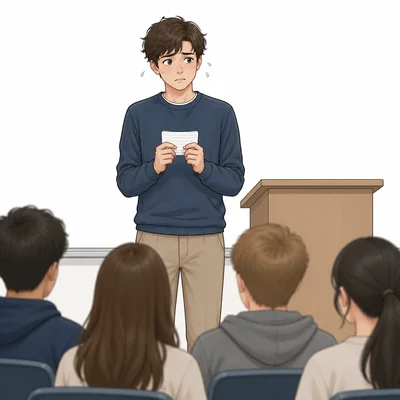 A student looks uneasy while preparing to give a speech in class.